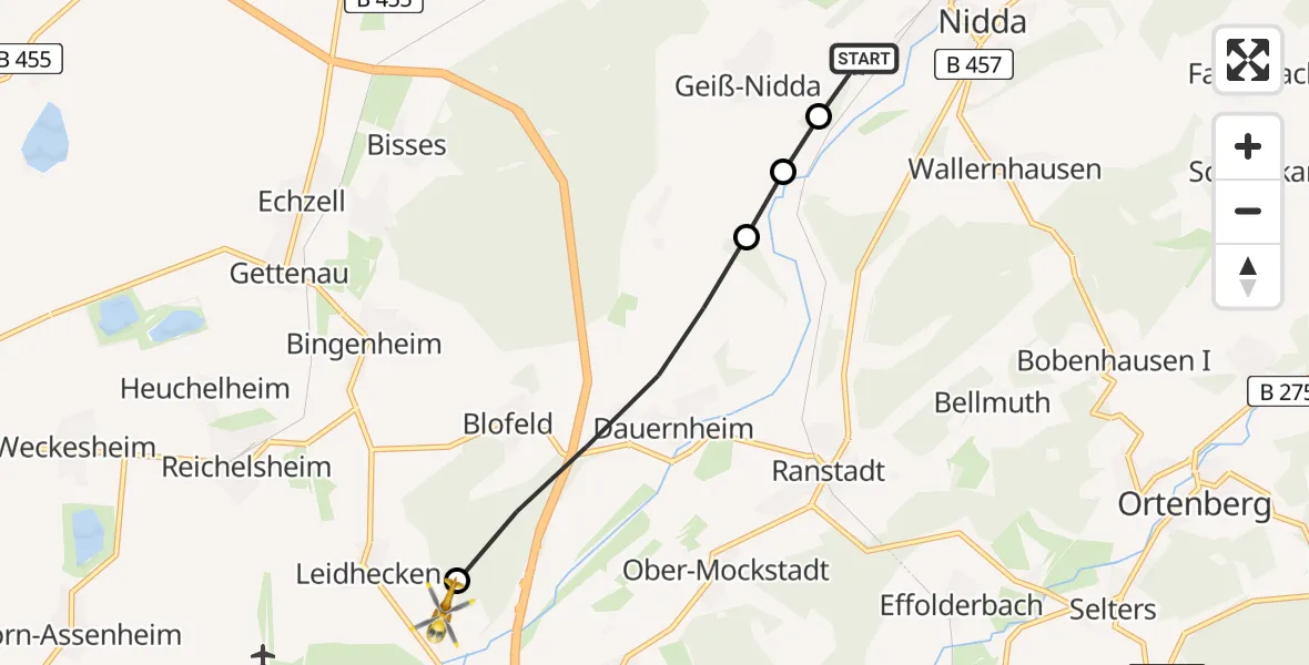 Flugroute Ambulanzhubschrauber Nidda Flugplatz - Leidhecken, 23 März 2026, 10:23