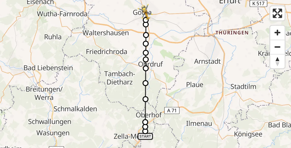 Flugroute Rettungshubschrauber Heidersbach - Gotha, 23 März 2026, 10:25