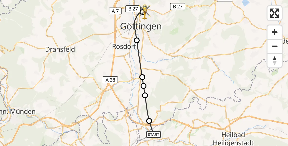Flugroute Rettungshubschrauber Kirchgandern - Göttingen University Clinic Hubschrauberlandeplatz, 23 März 2026, 10:25