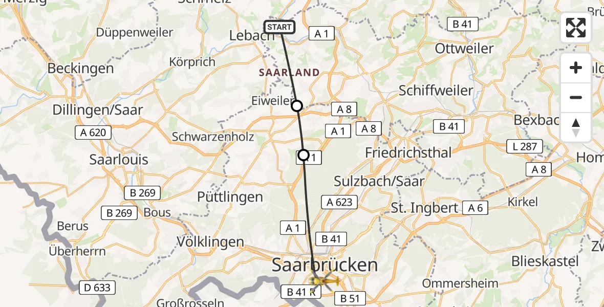 Routekaart van de vlucht: Rettungshubschrauber nach Saarbrücken, Winterberg