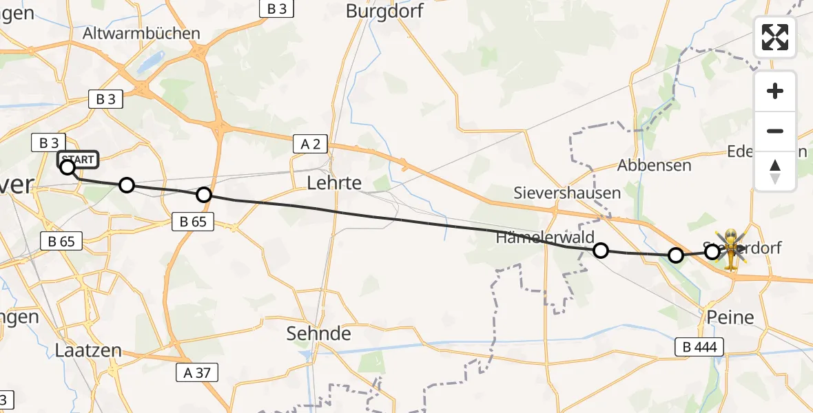 Flugroute Rettungshubschrauber Hannover Luftrettung Hubschrauberlandeplatz (Christoph 4) - Stederdorf, 23 März 2026, 10:27