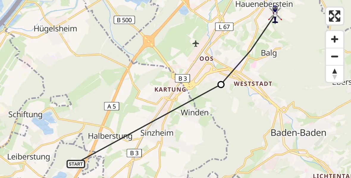 Flugroute Polizeihubschrauber Bühl - Haueneberstein, 23 März 2026, 10:32