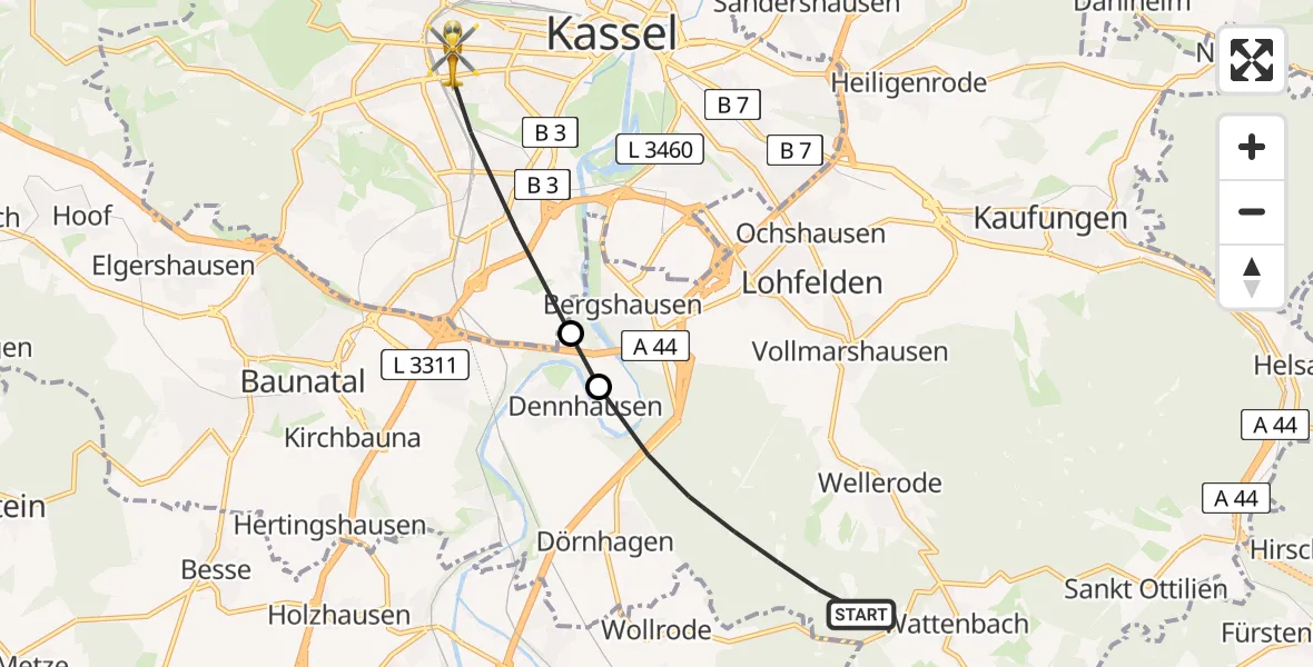 Flugroute Rettungshubschrauber Wellerode - Kassel, 23 März 2026, 10:35