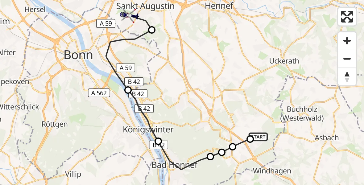 Flugroute Polizeihubschrauber Wülscheid - Bonn-Hangelar Flugplatz, 23 März 2026, 10:35