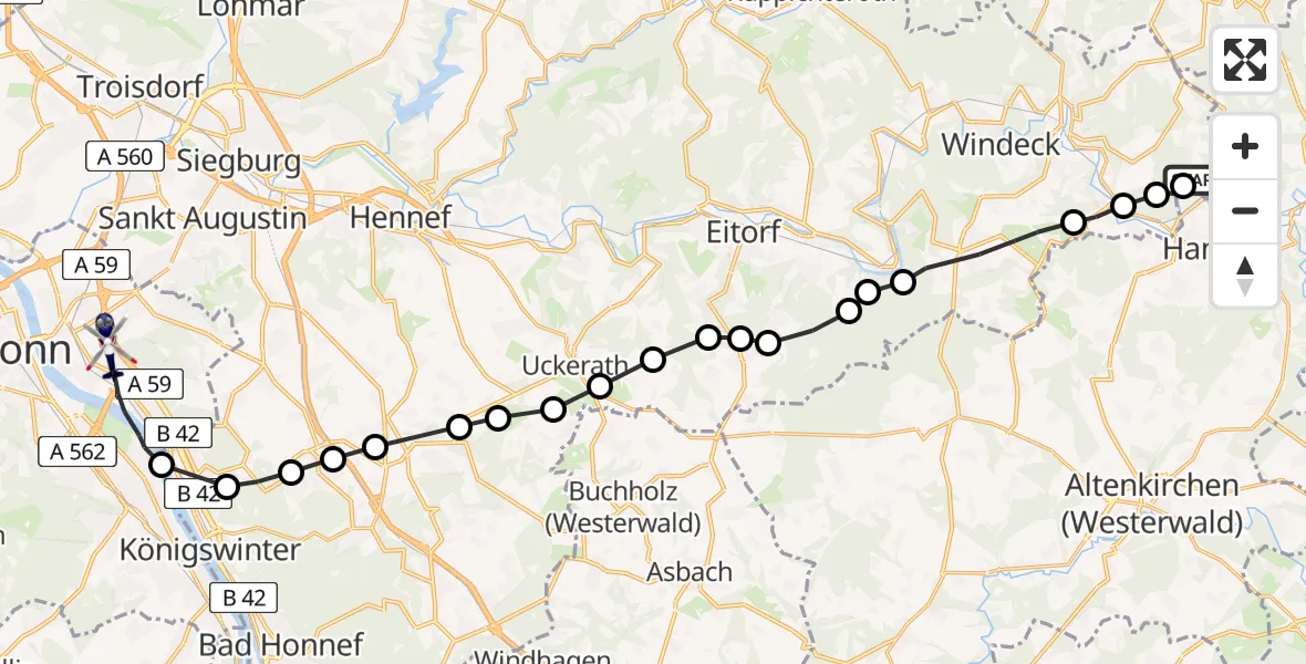 Flugroute Polizeihubschrauber Geilhausen - Bonn, 23 März 2026, 10:35