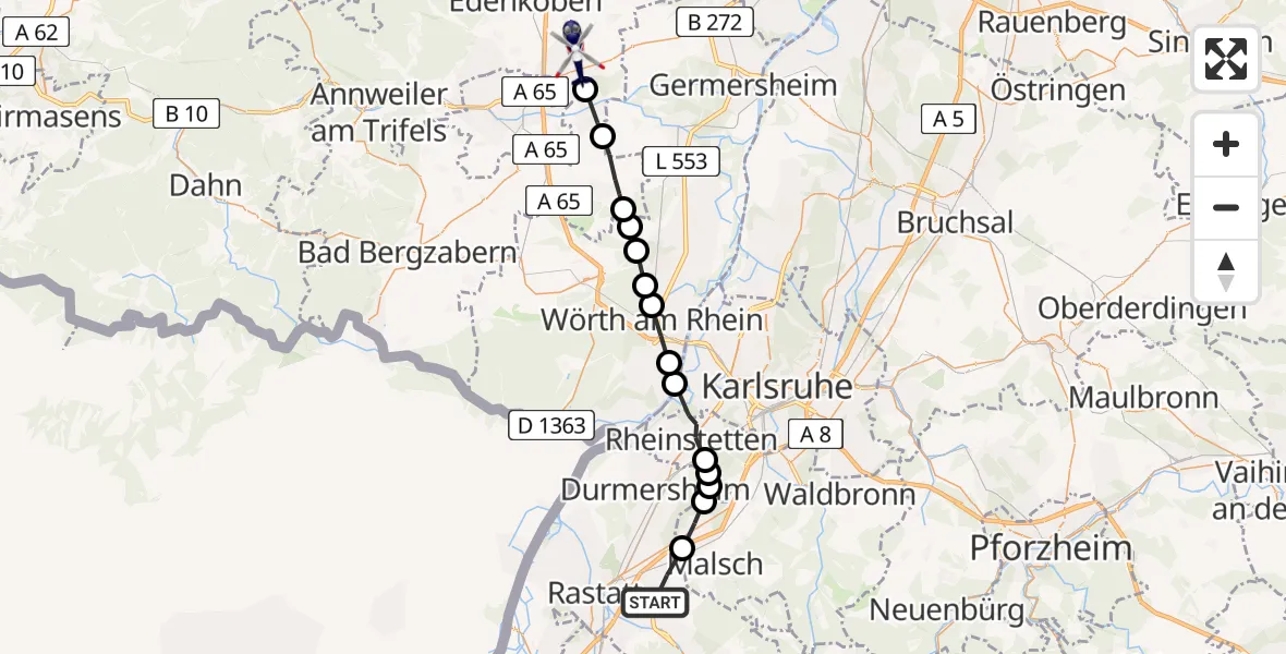 Routekaart van de vlucht: Polizeihubschrauber nach Essingen, L 67