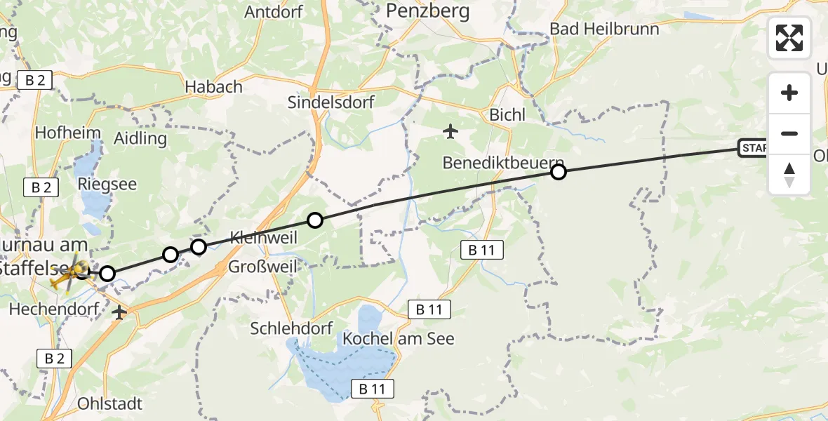 Routekaart van de vlucht: Rettungshubschrauber nach Murnau Accident Hospital