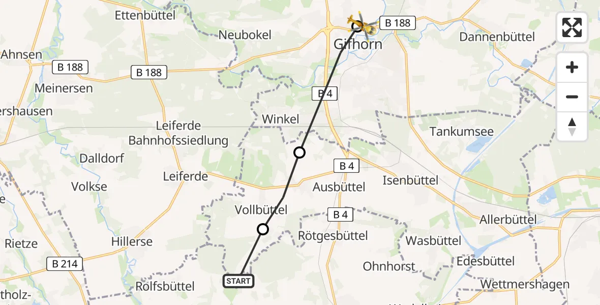Flugroute Rettungshubschrauber Ribbesbüttel - Gamsen, 23 März 2026, 10:42