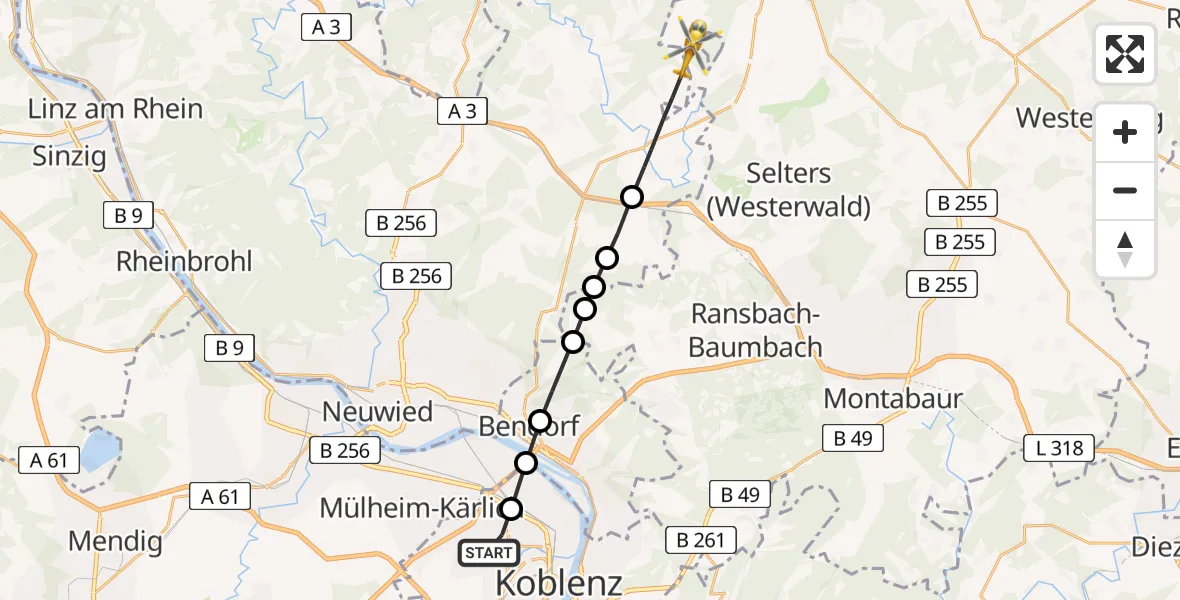 Flugroute Rettungshubschrauber Koblenz - Dierdorf, 23 März 2026, 10:41