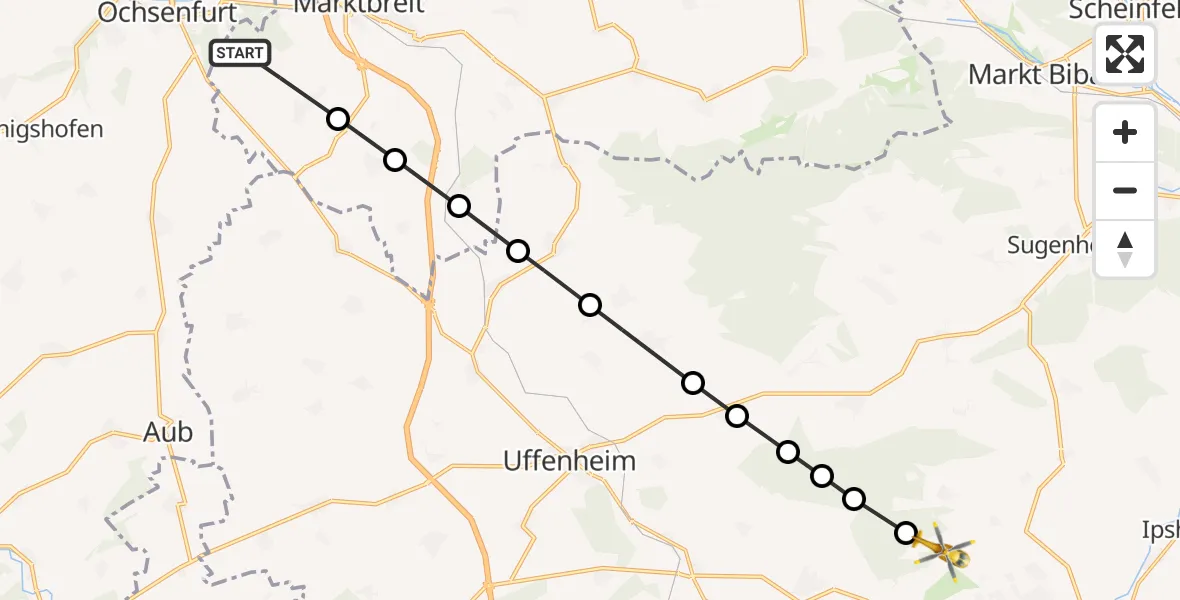 Flugroute Rettungshubschrauber Marktbreit - Erkenbrechtshofen, 23 März 2026, 10:43