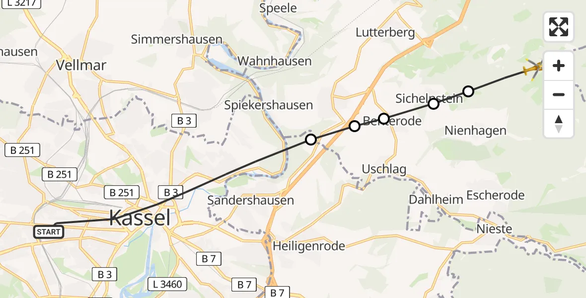 Flugroute Rettungshubschrauber Kassel - Oberode, 23 März 2026, 10:43