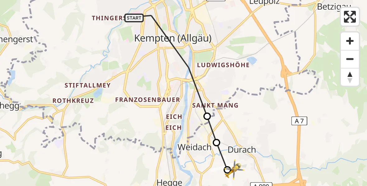 Flugroute Rettungshubschrauber Kempten (Allgäu) - Kempten-Durach Flugplatz, 23 März 2026, 10:46