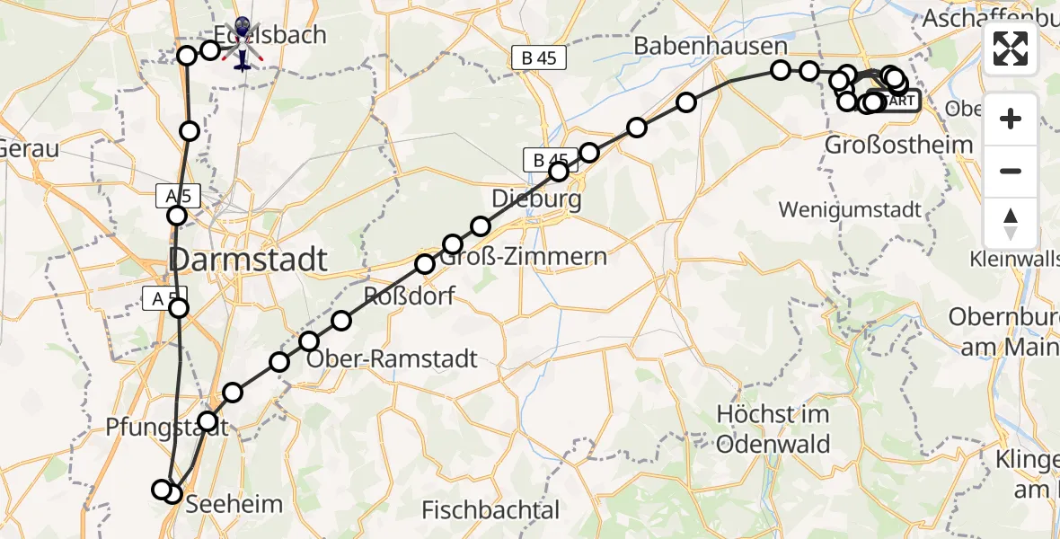 Flugroute Polizeihubschrauber Großostheim - Flughafen Frankfurt-Egelsbach, 23 März 2026, 11:04