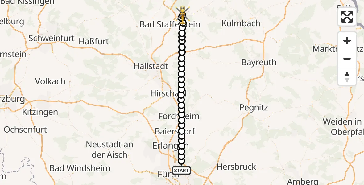 Flugroute Ambulanzhubschrauber Flughafen Nuremberg - Regiomed Hospital Lichtenfels, 23 März 2026, 11:15