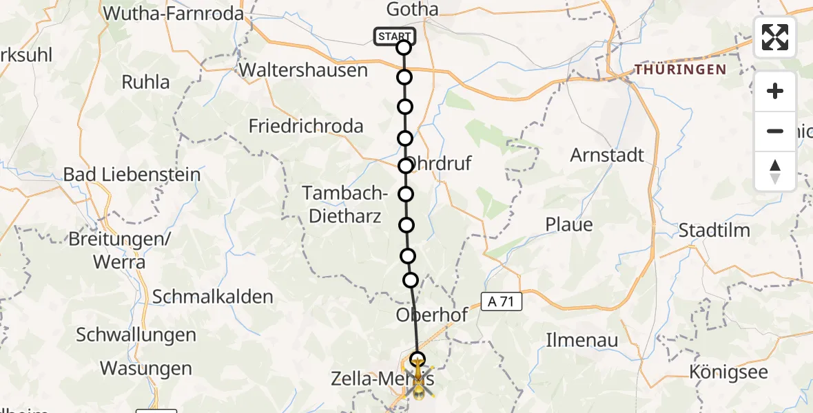 Flugroute Rettungshubschrauber Helios Clinic Gotha - Heidersbach, 23 März 2026, 11:26