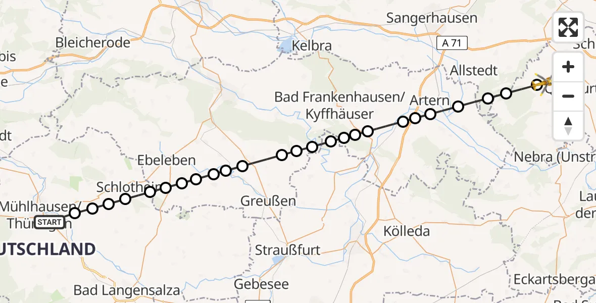Flugroute Rettungshubschrauber Mühlhausen/Thüringen - Gatterstädt, 23 März 2026, 11:30