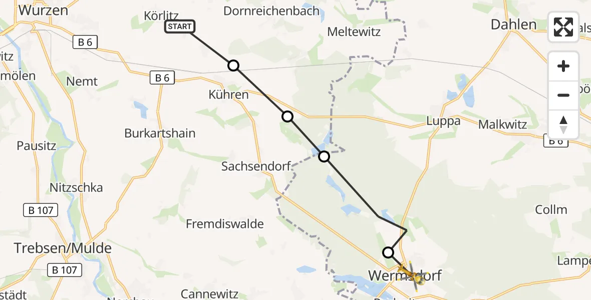 Flugroute Rettungshubschrauber Falkenhain - Reckwitz, 23 März 2026, 11:30