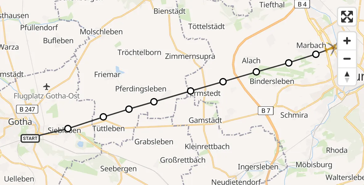 Flugroute Ambulanzhubschrauber Gotha - Helios Clinic Erfurt, 23 März 2026, 11:32