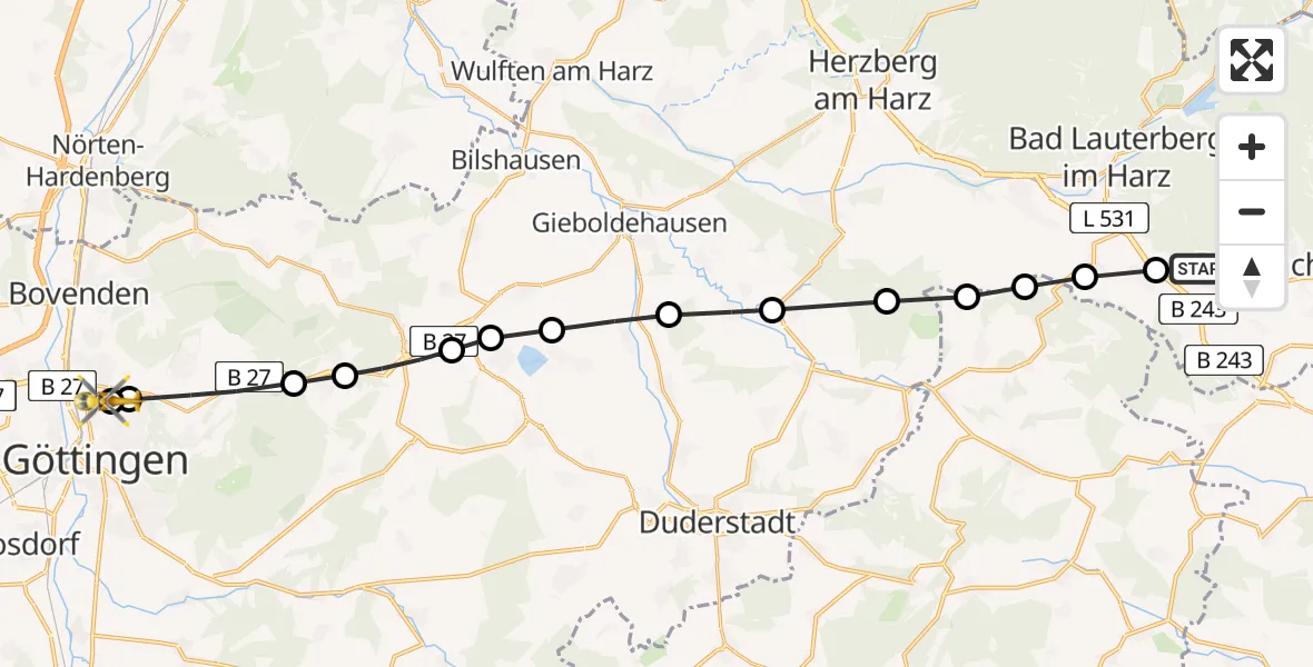 Flugroute Rettungshubschrauber Steina - Göttingen University Clinic Hubschrauberlandeplatz, 23 März 2026, 11:34