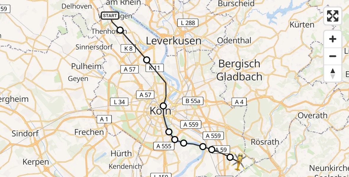 Flugroute Rettungshubschrauber Worringen - Köln Bonn Flughafen, 23 März 2026, 11:36