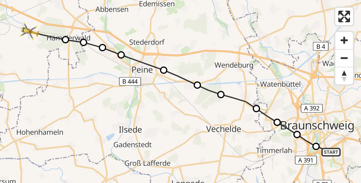 Flugroute Rettungshubschrauber Südstadt-Rautheim-Mascherode - Lehrte, 23 März 2026, 11:40