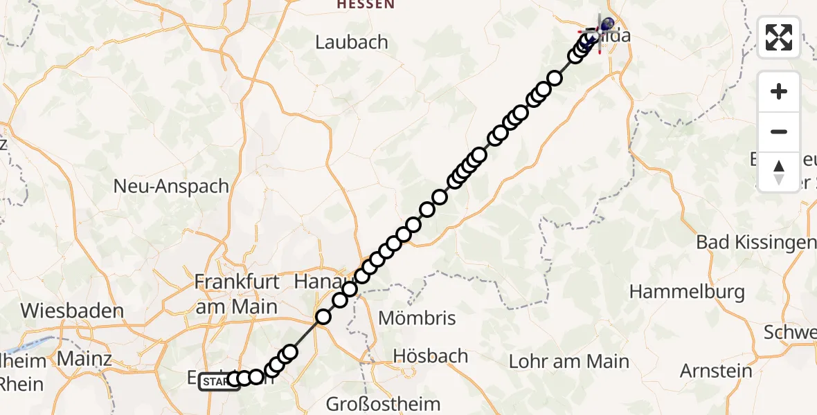 Flugroute Polizeihubschrauber Flughafen Frankfurt-Egelsbach - Fulda, 23 März 2026, 11:56