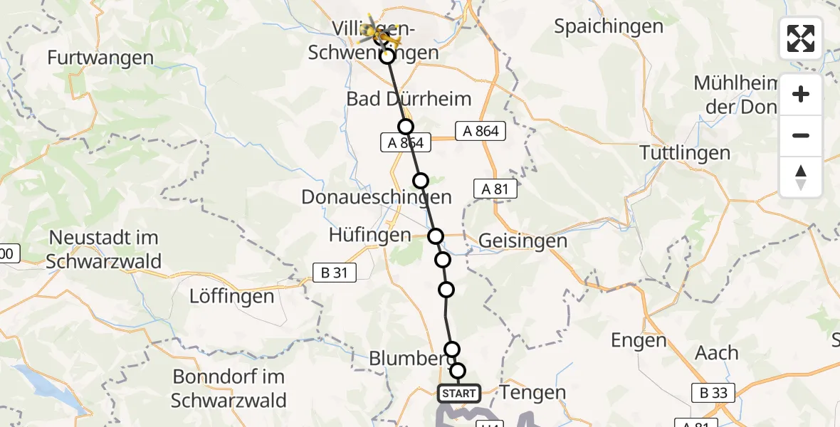 Routekaart van de vlucht: Rettungshubschrauber nach DRF Air Rescue Station Villingen-Schwenningen Hubschrauberlandeplatz (Christoph 11)