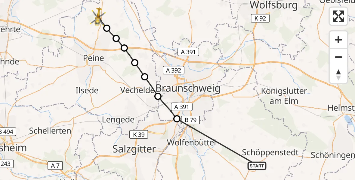 Flugroute Rettungshubschrauber Berklingen - Edemissen, 23 März 2026, 12:05