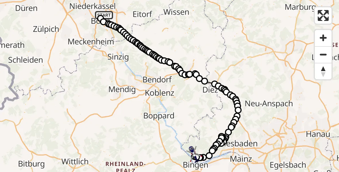 Flugroute Polizeihubschrauber Bonn - Aulhausen, 23 März 2026, 12:05