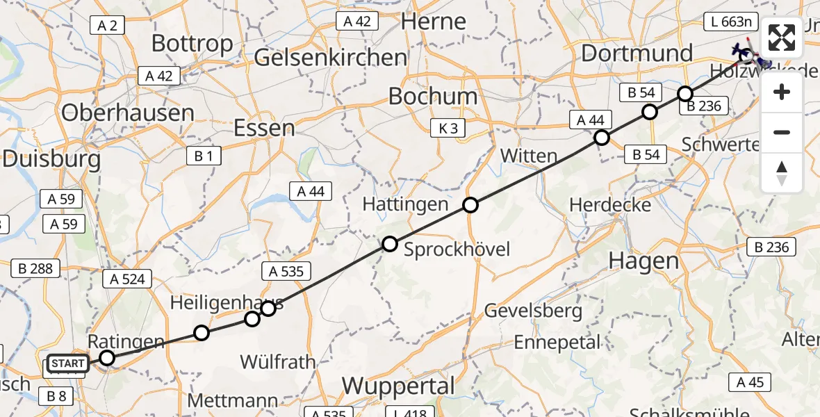 Flugroute Polizeihubschrauber Düsseldorf Flughafen - Dortmund Flughafen, 23 März 2026, 12:14