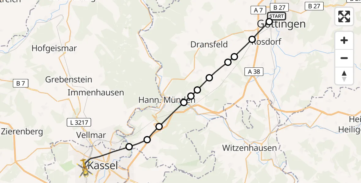 Flugroute Rettungshubschrauber Göttingen - Kassel, 23 März 2026, 12:17