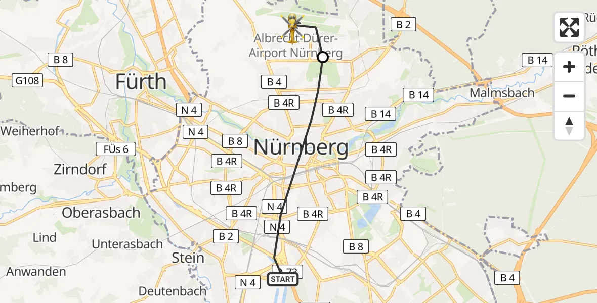 Flugroute Rettungshubschrauber Nürnberg - Flughafen Nuremberg, 23 März 2026, 12:24