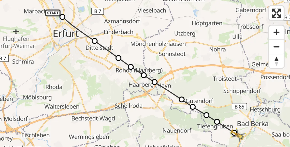 Flugroute Ambulanzhubschrauber Helios Clinic Erfurt - DRF Rettungsstation Bad Berka Hubschrauberlandeplatz, 23 März 2026, 12:28