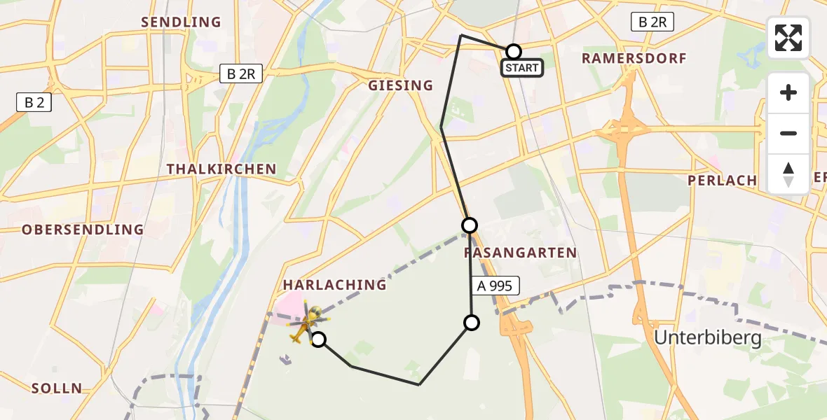 Flugroute Rettungshubschrauber Ramersdorf-Perlach - ADAC Air Rescue Center Hubschrauberlandeplatz (Christoph 1), 23 März 2026, 12:34
