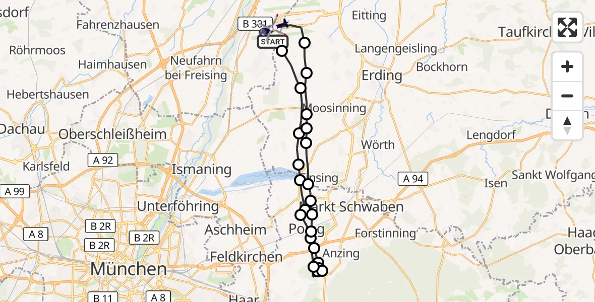 Flugroute Polizeihubschrauber München Flughafen - München Flughafen, 23 März 2026, 12:35
