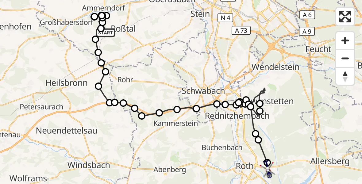 Flugroute Polizeihubschrauber Clarsbach - Roth, 23 März 2026, 12:38