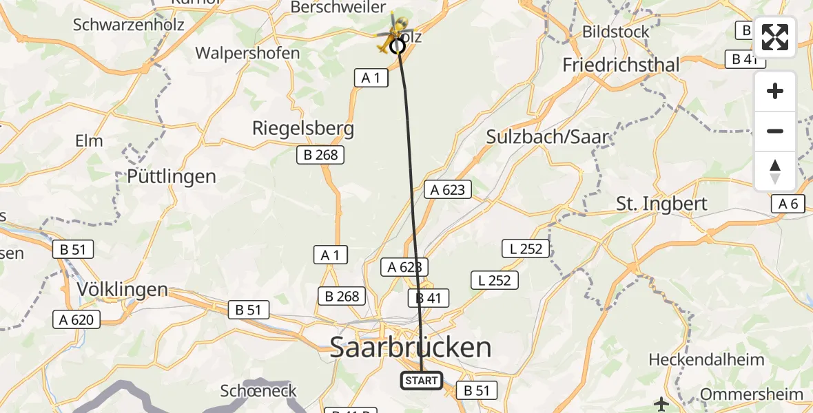 Flugroute Rettungshubschrauber Saarbrücken - Heusweiler, 23 März 2026, 12:39
