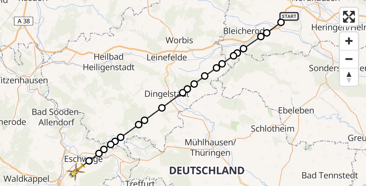 Flugroute Rettungshubschrauber Werther - Eschwege, 23 März 2026, 12:40