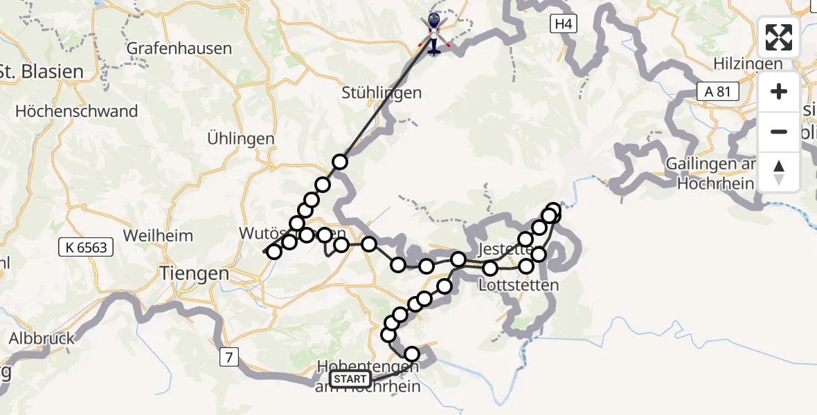 Flugroute Polizeihubschrauber Hohentengen am Hochrhein - Grimmelshofen, 23 März 2026, 12:47
