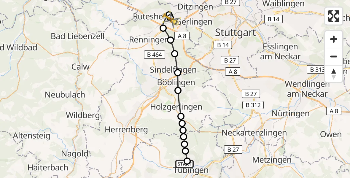 Flugroute Rettungshubschrauber Tübingen Trauma Hospital - Leonberg Hospital Hubschrauberlandeplatz, 23 März 2026, 12:55