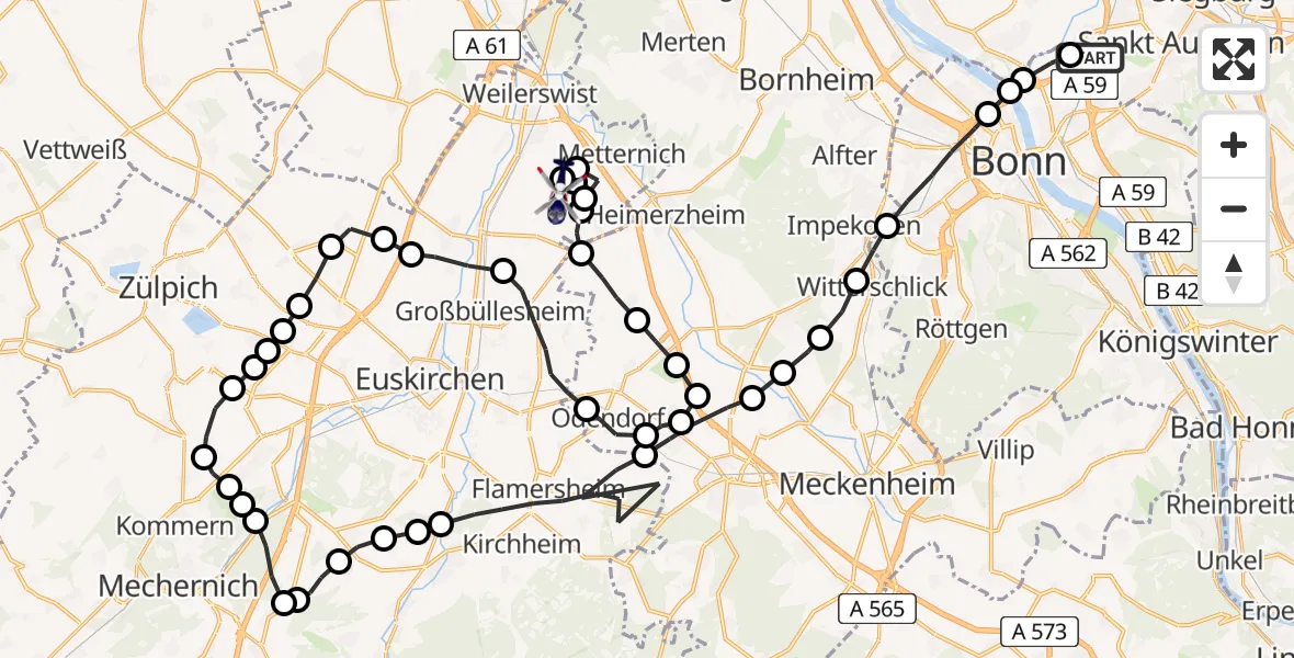 Flugroute Polizeihubschrauber Sankt Augustin - Weilerswist, 23 März 2026, 13:00