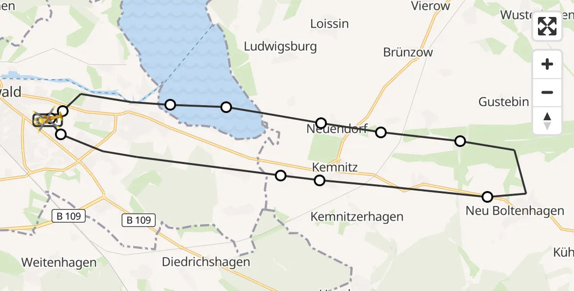 Flugroute Rettungshubschrauber Greifswald Hospital - Greifswald Hospital, 23 März 2026, 13:04
