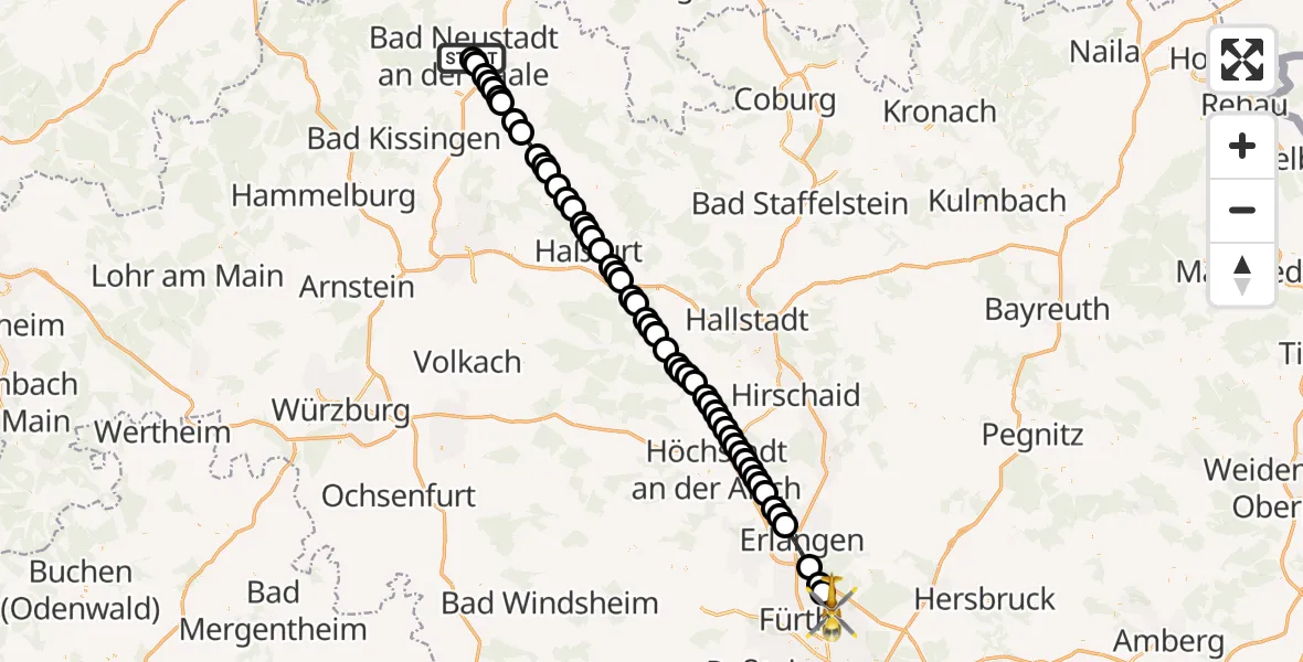 Flugroute Ambulanzhubschrauber Bad Neustadt an der Saale Hospital - Flughafen Nuremberg, 23 März 2026, 13:07