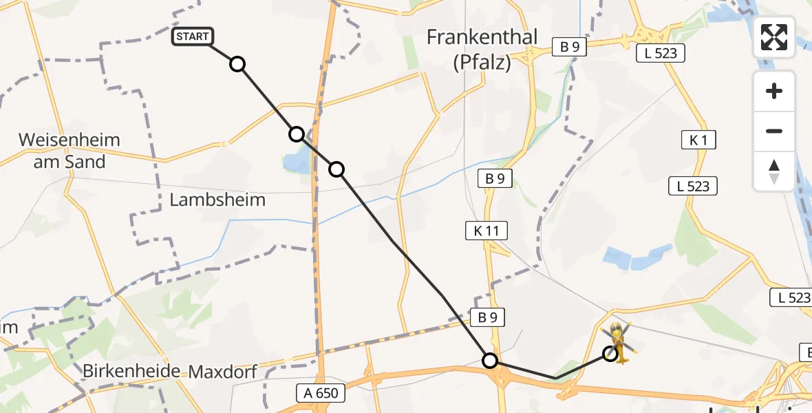Routekaart van de vlucht: Rettungshubschrauber nach Ludwigshafen Accident Hospital