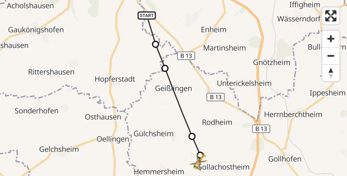 Flugroute Rettungshubschrauber Marktbreit - Lipprichhausen, 23 März 2026, 13:14