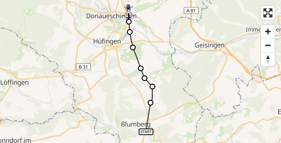 Flugroute Polizeihubschrauber Blumberg - Donaueschingen, 23 März 2026, 13:15