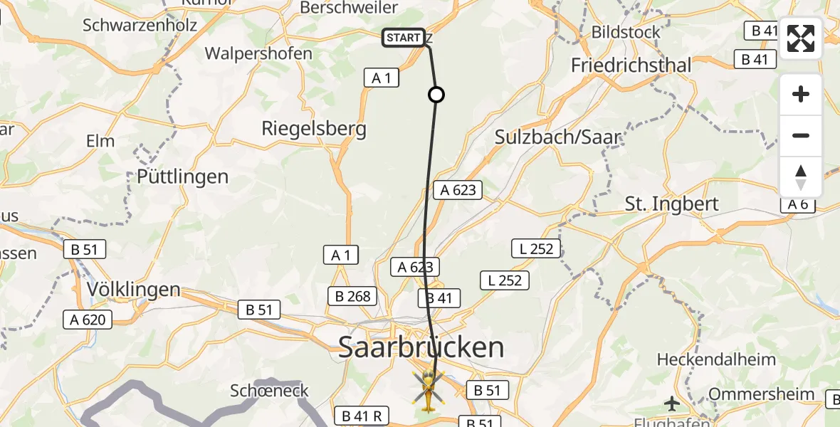 Flugroute Rettungshubschrauber Heusweiler - Saarbrücken, 23 März 2026, 13:19