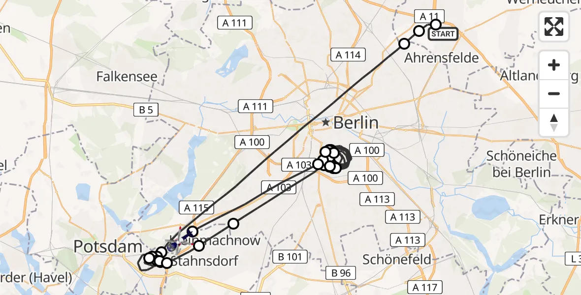 Routekaart van de vlucht: Polizeihubschrauber nach Kleinmachnow, Ahrensfelde Hubschrauberlandeplatz
