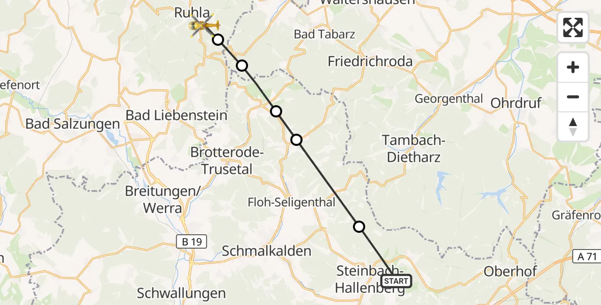 Flugroute Rettungshubschrauber Unterschönau - Ruhla, 23 März 2026, 13:21