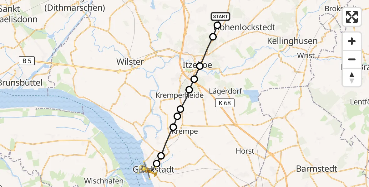 Flugroute Rettungshubschrauber Hohenlockstedt - Glückstadt, 23 März 2026, 13:26